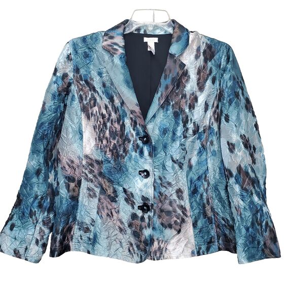 Chico's Tantalizing Teal Dreema Crinkle Long Sleeve Button-Up Blazer Size 2 LGE - Picture 1 of 6
